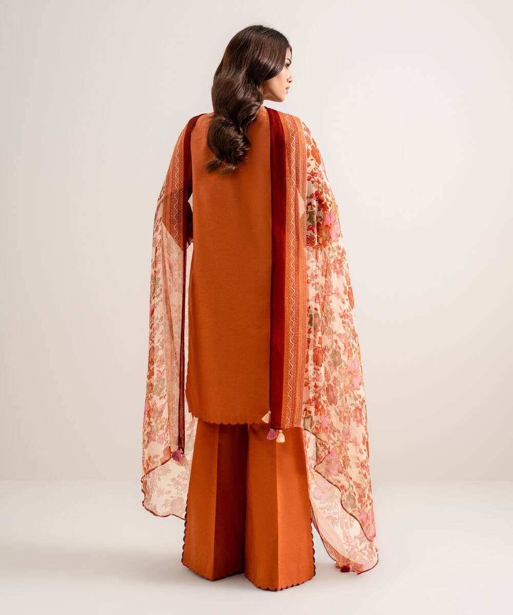 Women's Unstitched Embroidered Textured Lawn Orange 3 Piece Suit