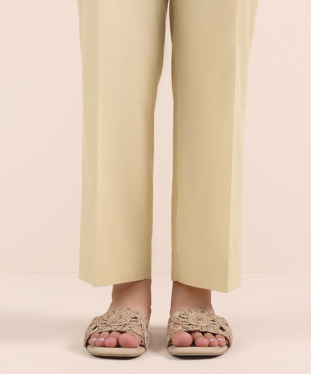 Woman - Beige Solid Cambric Straight Pants