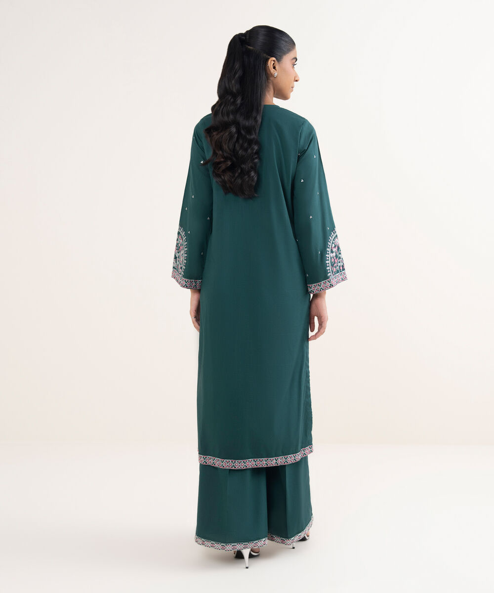 Women's RTW Cotton Viscose Embroidered Green A-Line Shirt