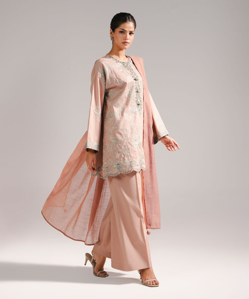 Women's RTW Lawn Embroidered Beige 3 Piece Suit