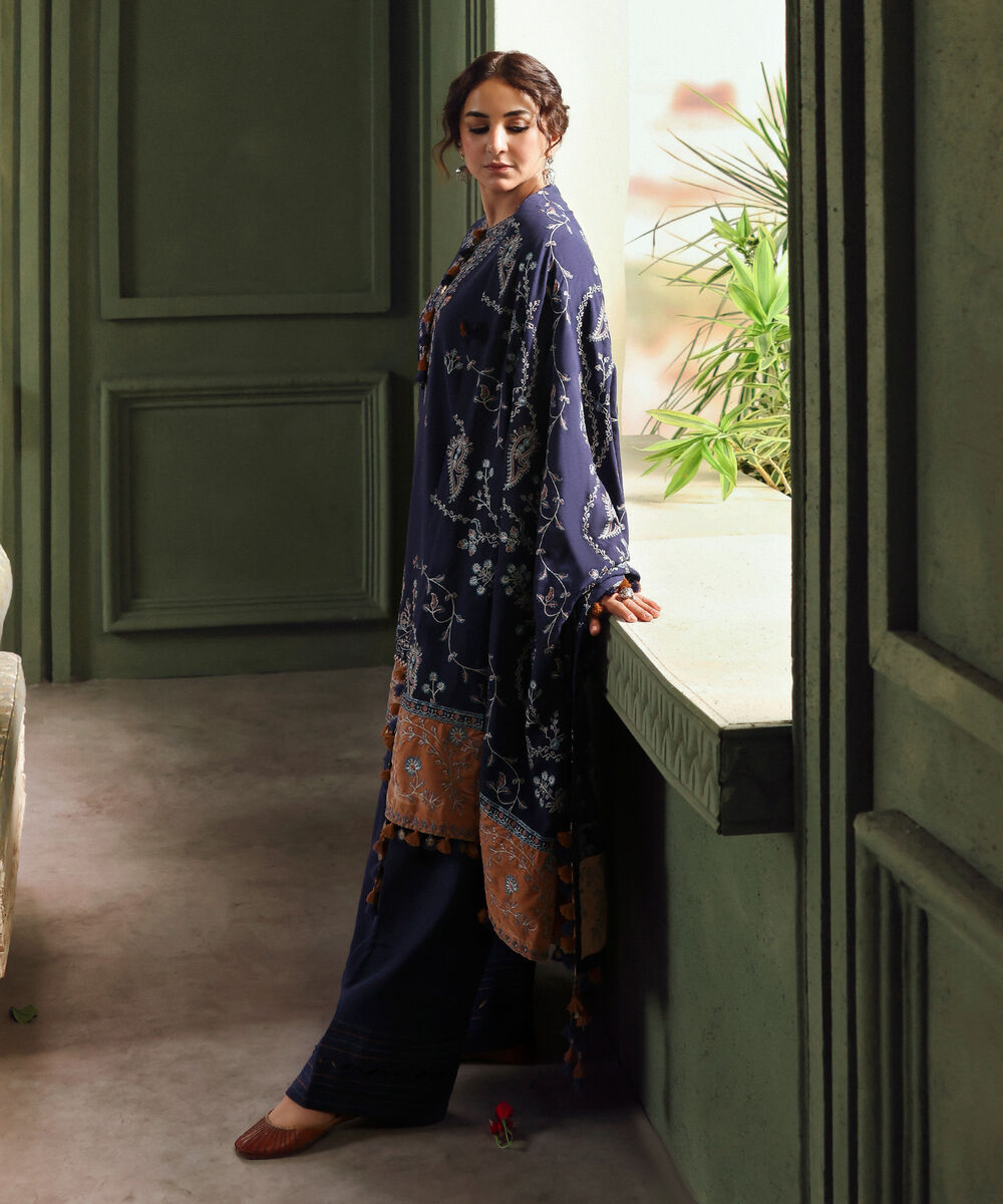 Women's Unstitched Cotton Karandi Embroidered Blue 3 Piece Suit