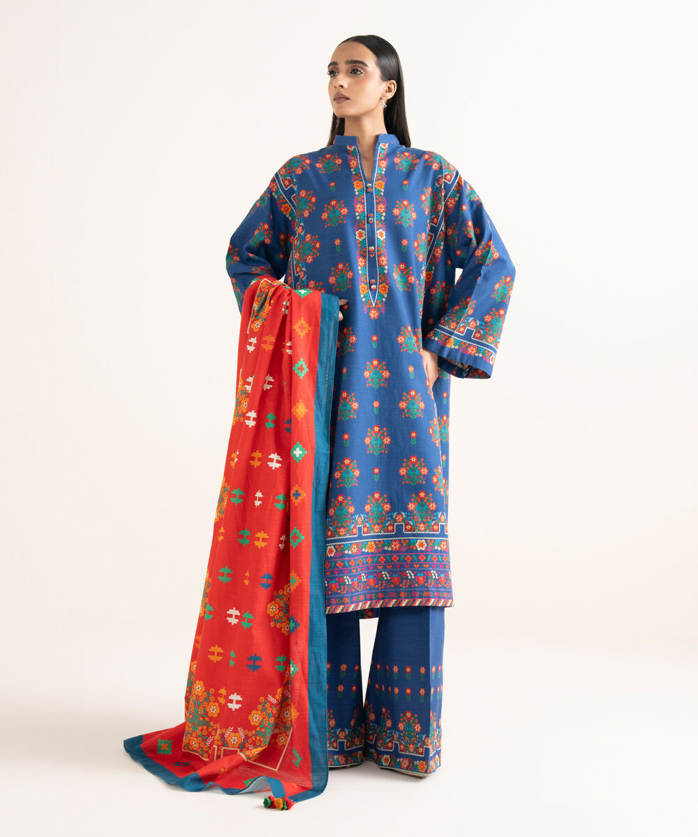 Women's Unstitched Printed Light Khaddar Blue 3 Piece Suit