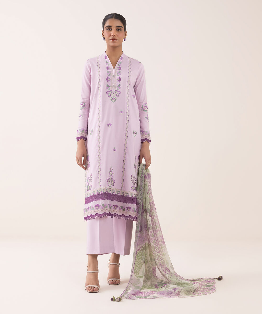 Women's Unstitched Textured Lawn Embroidered Purple 3 Piece Suit