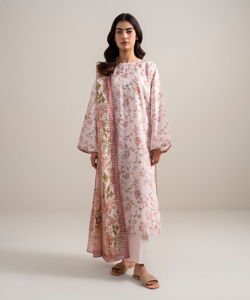 Women's Unstitched Lawn Embroidered Light Pink 3 Piece Suit
