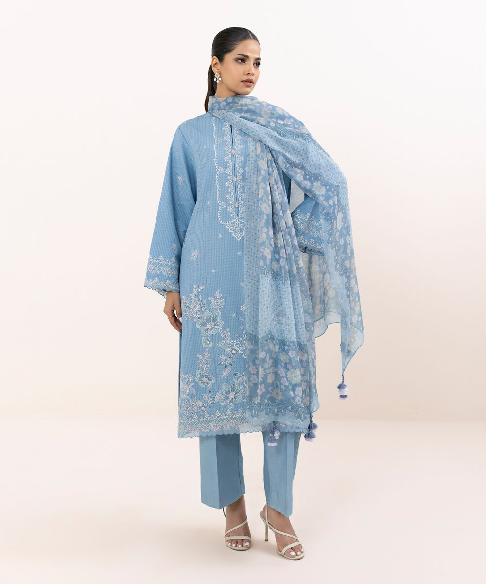 Women's Unstitched Linen Jacquard Dyed Three Piece Suit