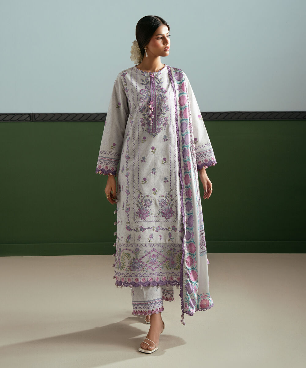 Women's Unstitched Lawn Embroidered Purple 3 Piece Suit