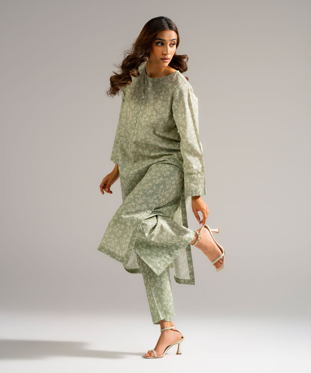 Women's RTW Zari Lawn Printed Green Straight Shirt