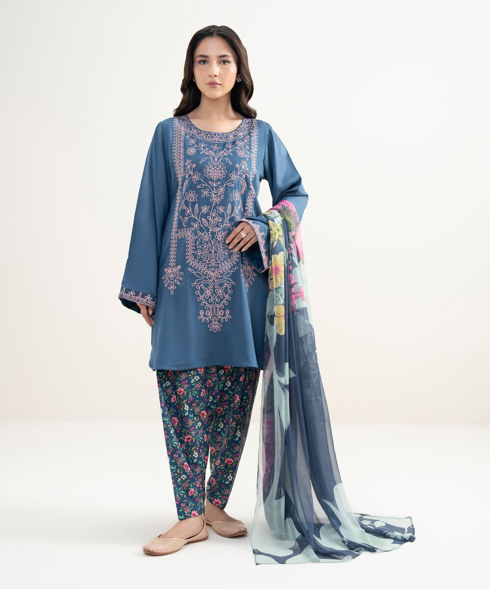 Women's RTW Dobby Embroidered Blue 3 Piece Suit