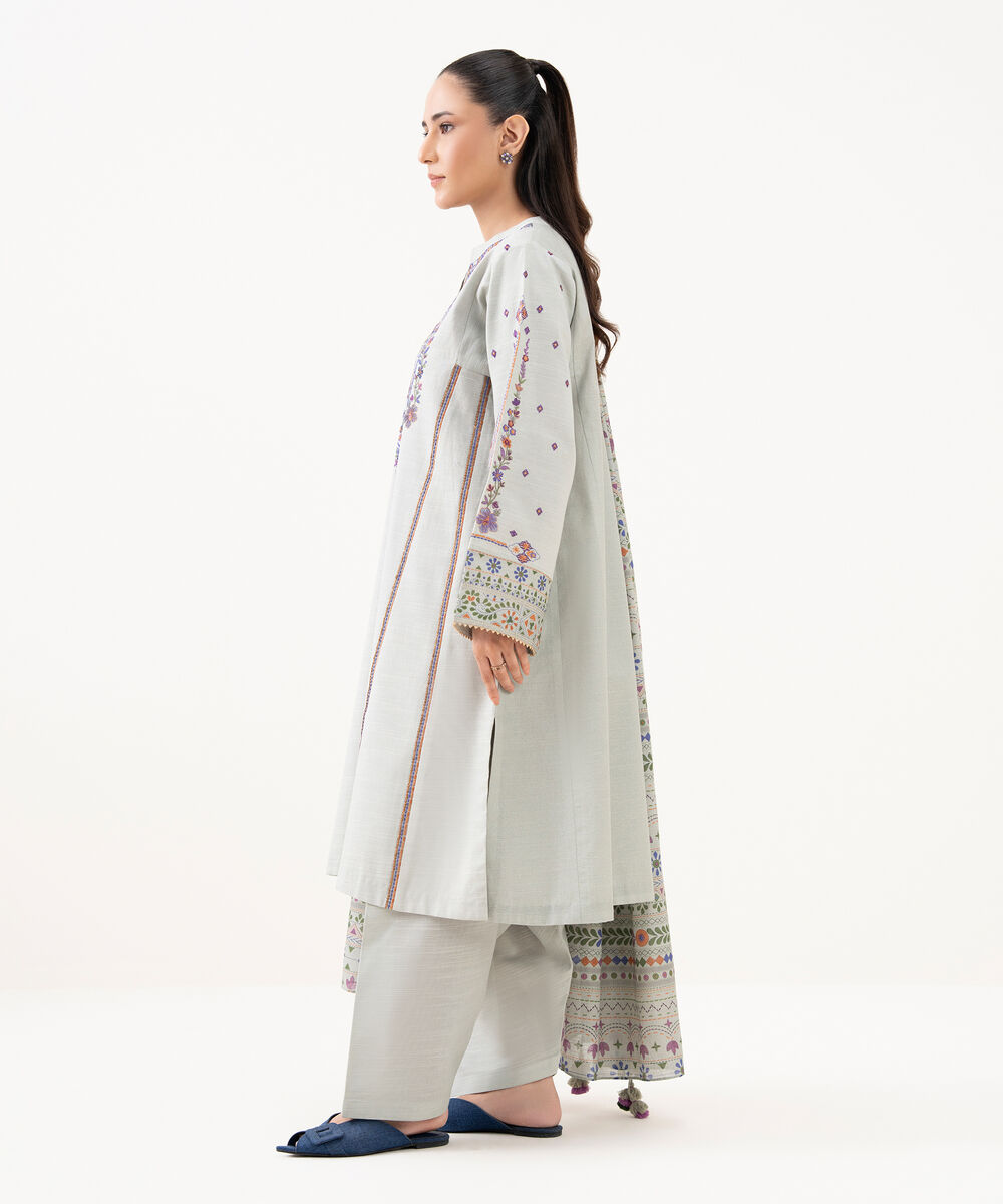 Women's Unstitched Light Khaddar Embroidered Grey 3 Piece Suit
