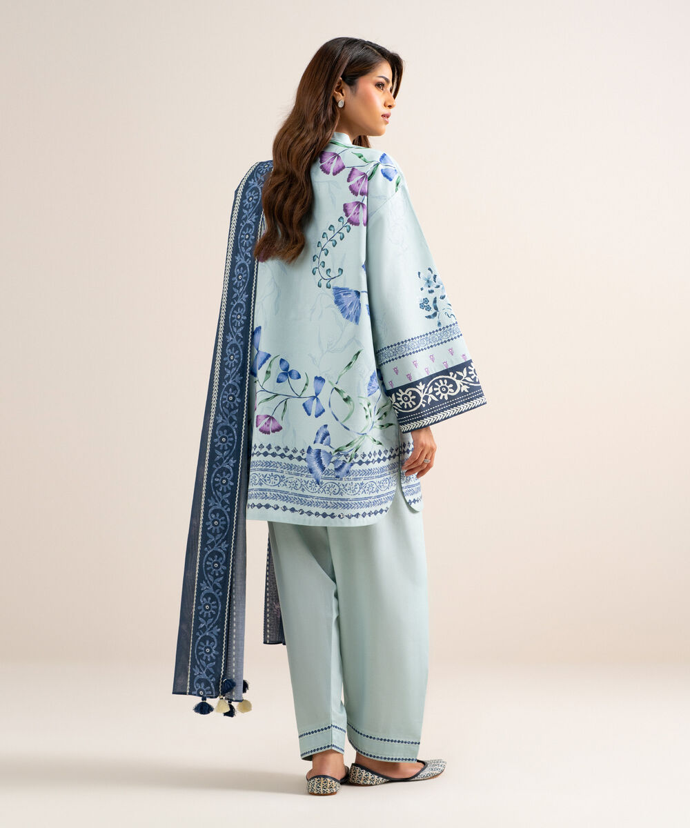 Women's Unstitched Cotton Printed Light Blue  3 Piece Suit