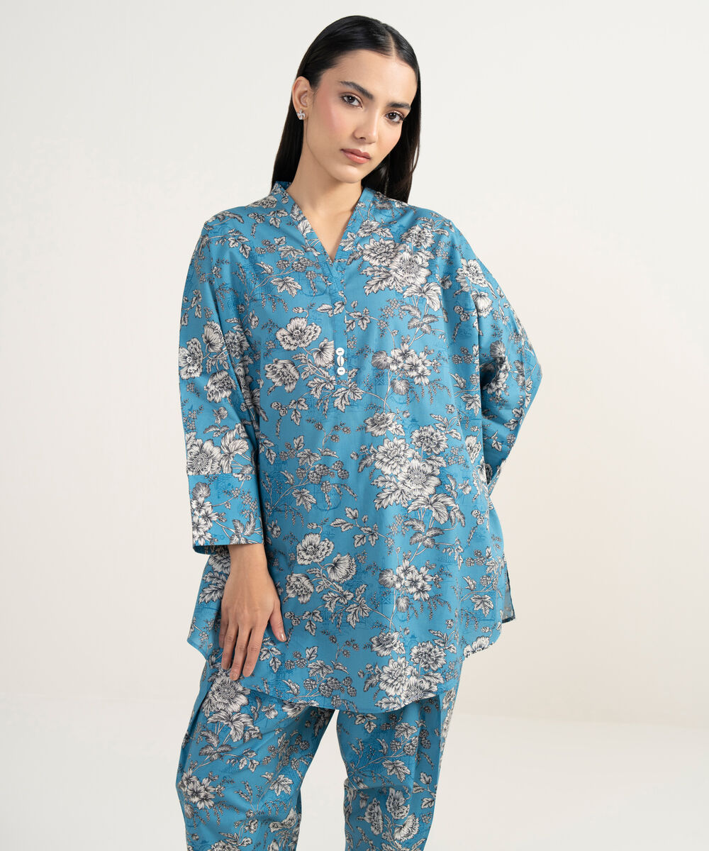 Women's RTW Cambric Printed Blue Drop Shoulder Shirt