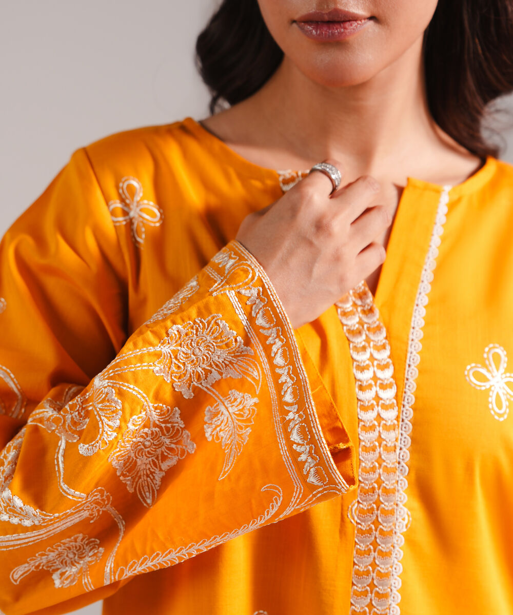 Women's RTW Crosshatch Embroidered Orange Straight Shirt