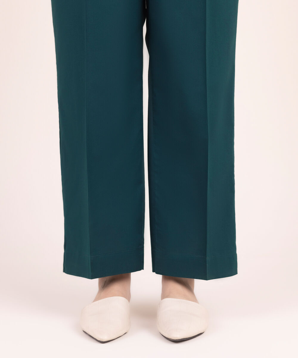 Women's RTW Cambric Solid Green Straight Pants