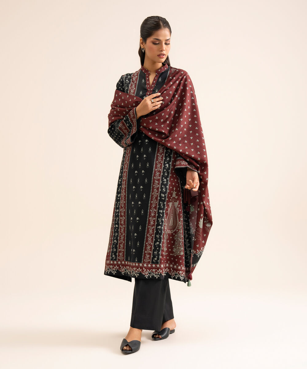 Women's Unstitched Viscose Linen Printed Black 3 Piece Suit