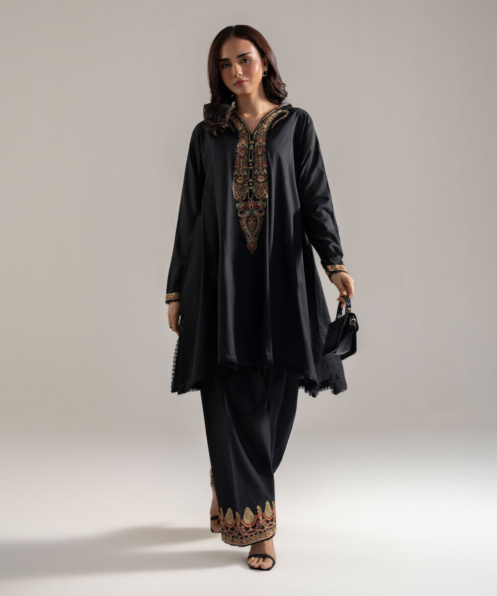 Women's RTW Lawn Solid Embroidered Black Flared A-Line