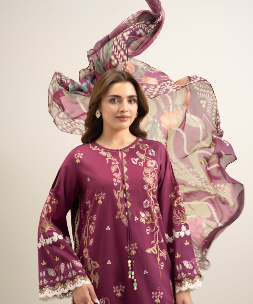 Women's Unstitched Textured Lawn Embroidered Pink 3 Piece Suit