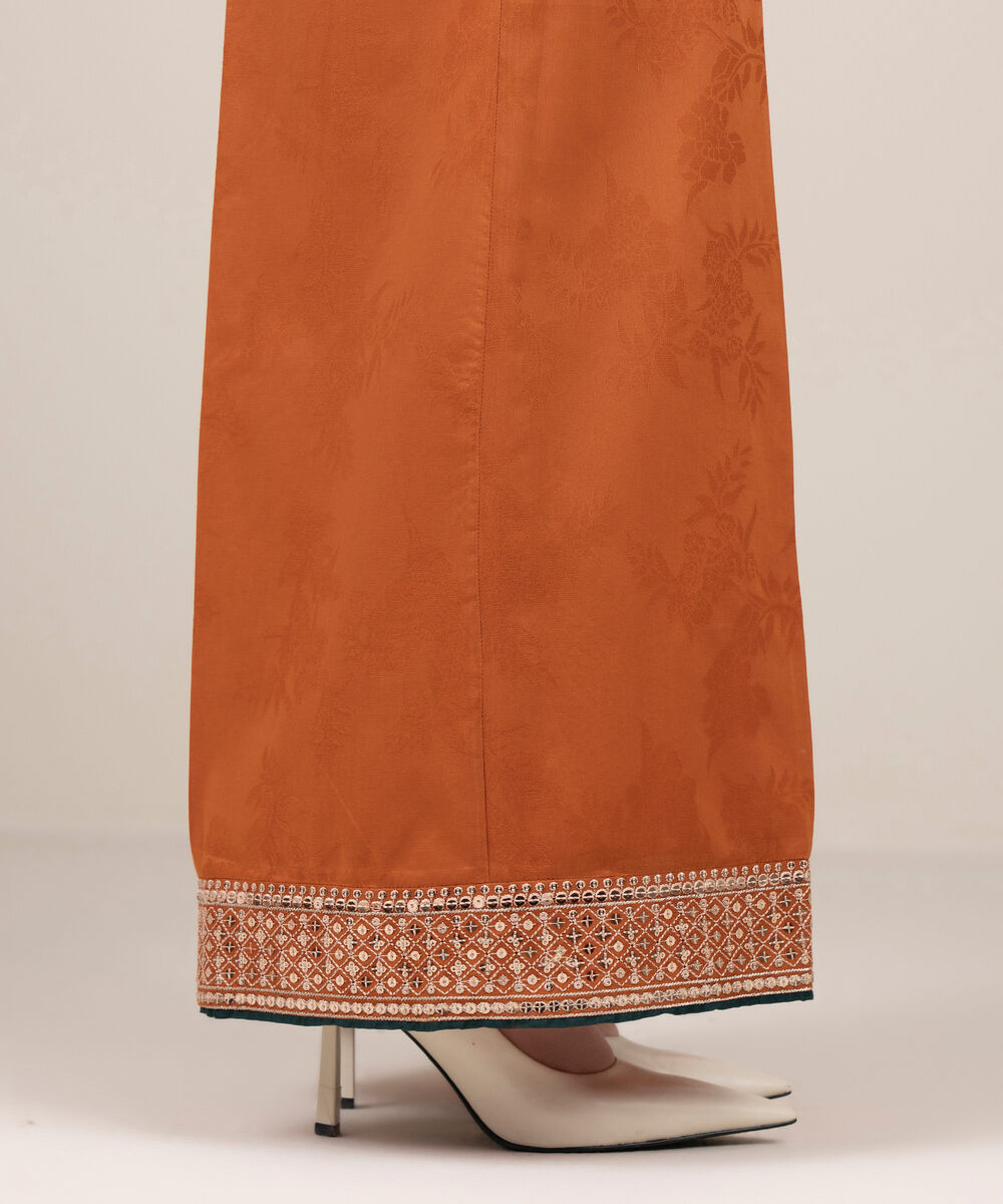 Women's RTW Self Jacquard Leno Embroidered Orange Flared Pants