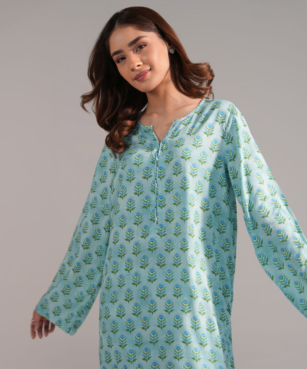 Women's RTW Arabic Lawn Printed Blue Straight Shirt