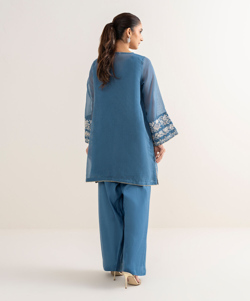 Women's RTW Blended Textured Karandi Embroidered Straight Blue Shirt