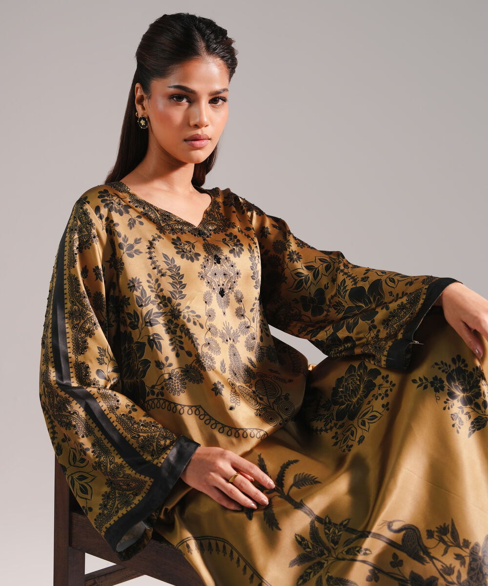 Women's RTW Blended Satin Printed Olive Green 2 Piece Suit