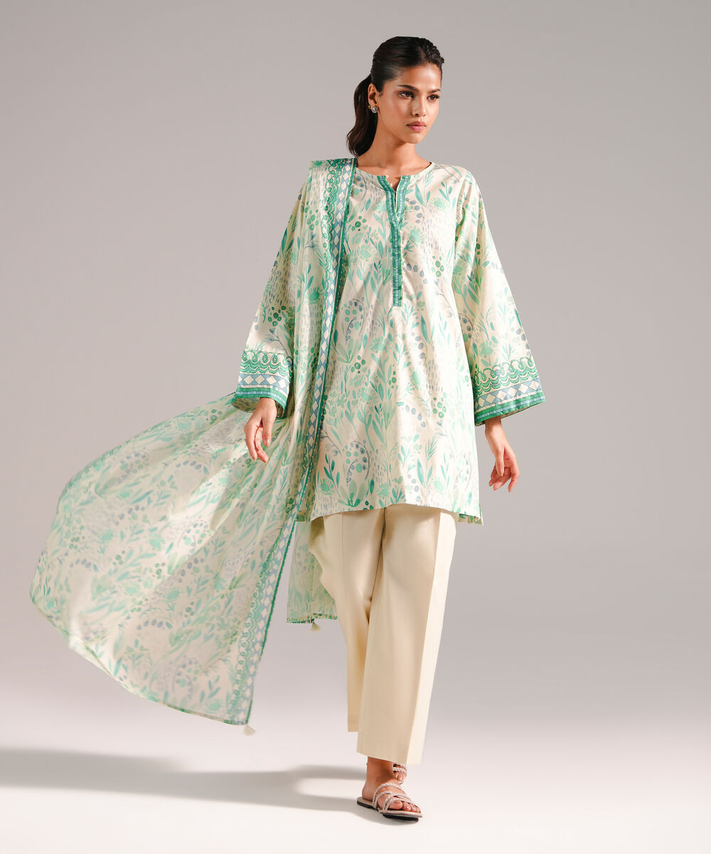 Women's RTW Cotton Viscose Printed Cream 2 Piece Suit