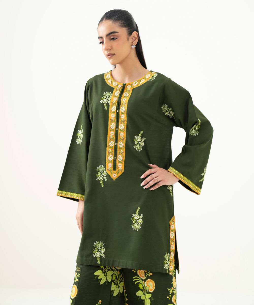 Women's RTW Light Khaddar Green Embroidered Straight Shirt