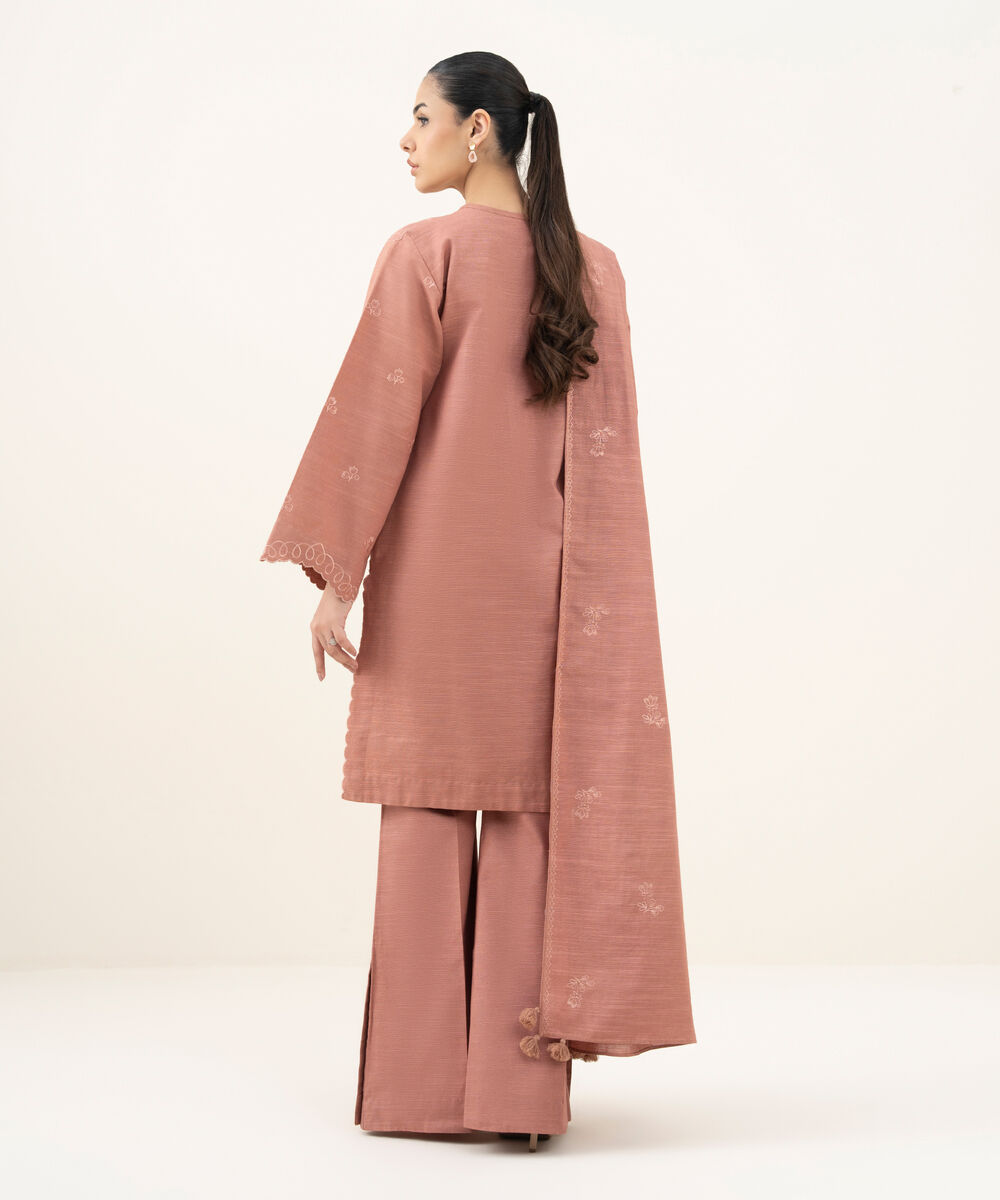 Women's Unstitched Embroidered Khaddar Tea Pink 3 Piece Suit