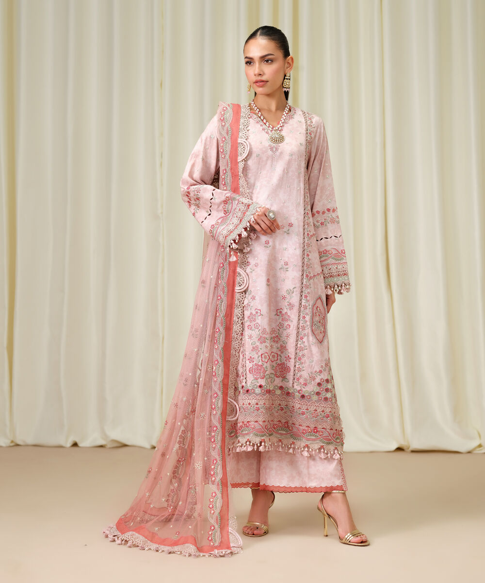Women's Unstitched Viscose Raw Silk Embroidered Pink 3 Piece Suit