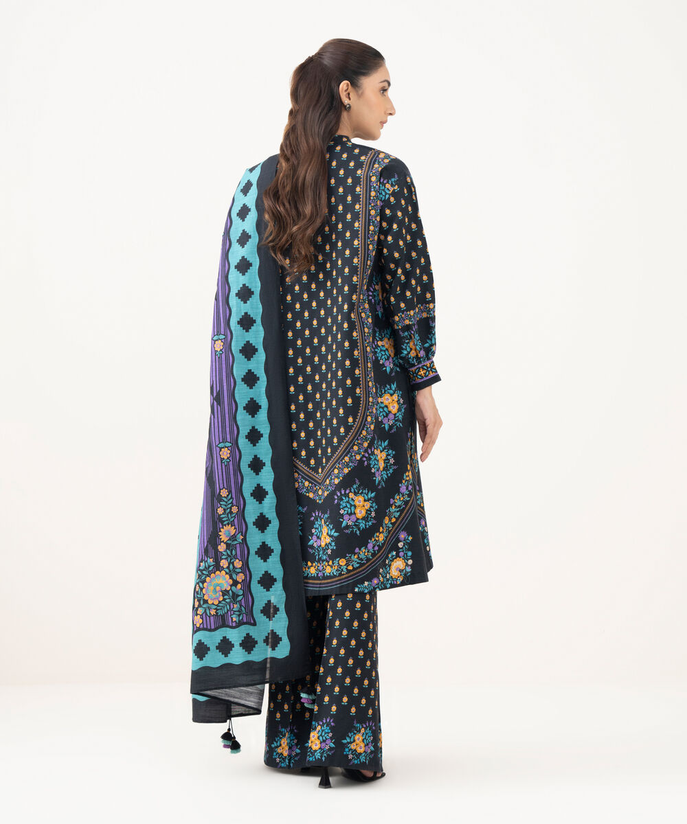 Women's Unstitched Khaddar Printed Black 3 Piece Suit