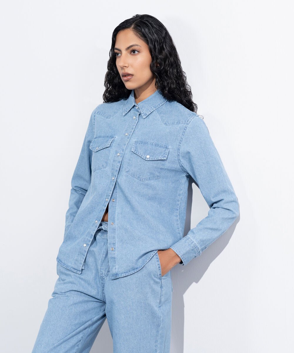 Women's Western Wear Blue Regular Fit Denim Shirt
