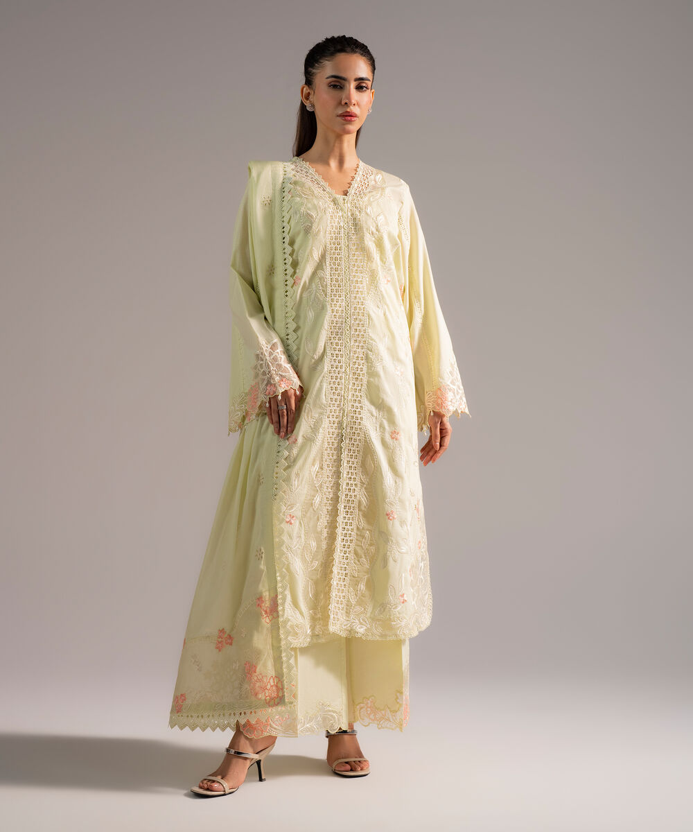 Women's RTW Dobby Embroidered Light Green 3 Piece Suit