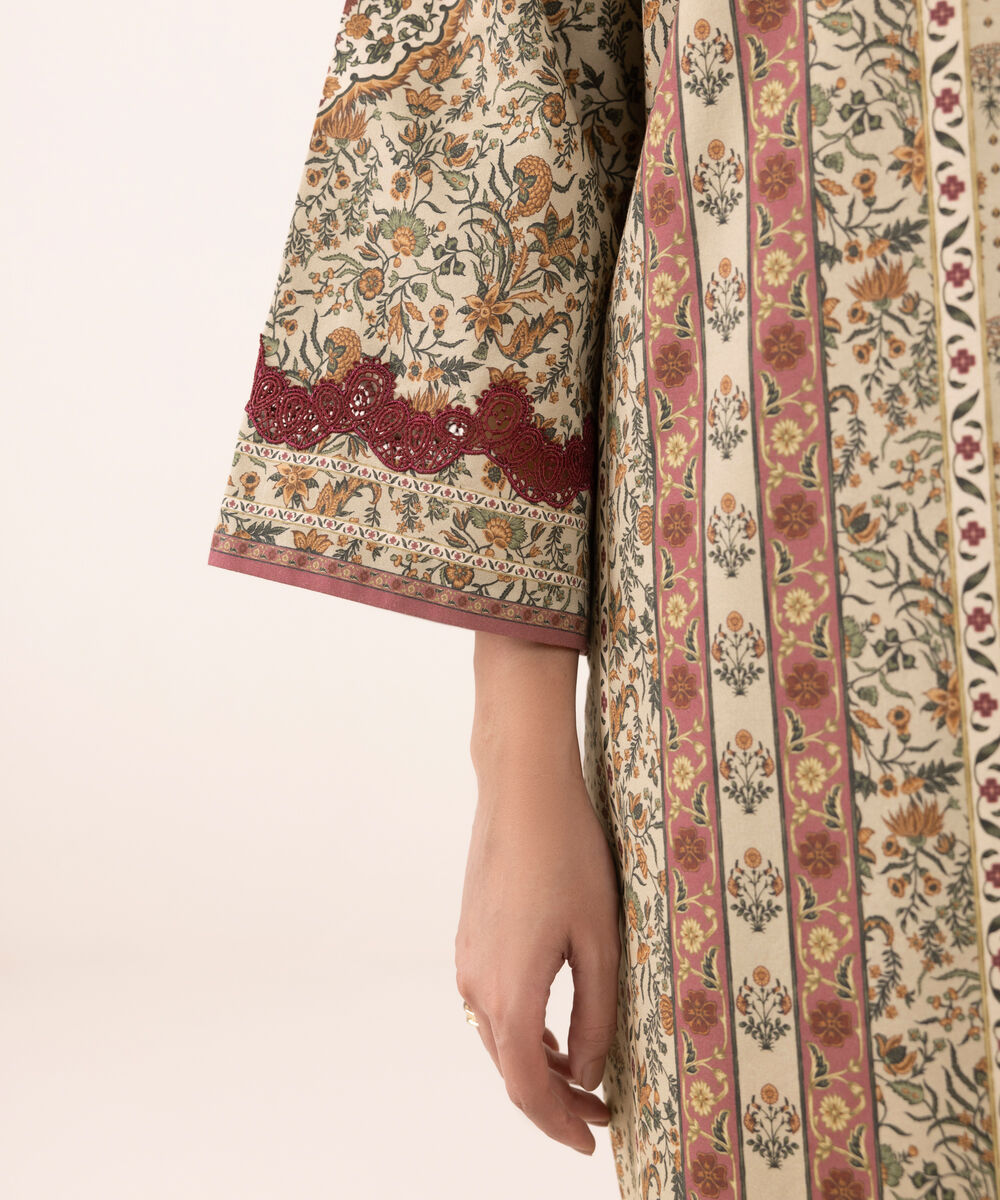 Women's Unstitched Cotton Printed Beige 3 Piece Suit