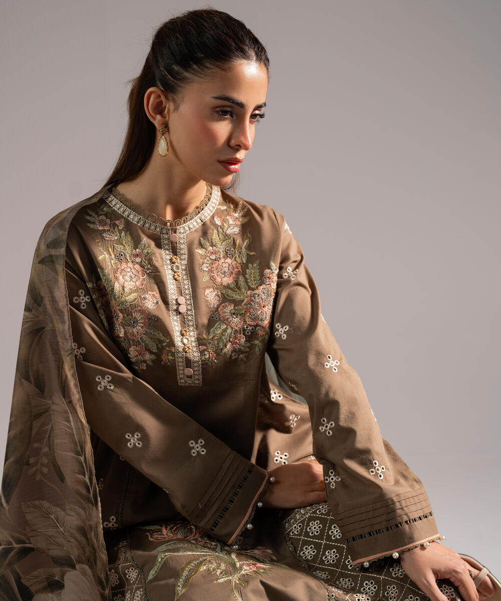 Women's RTW Slub Lawn Embroidered Dark Olive 3 Piece Suit