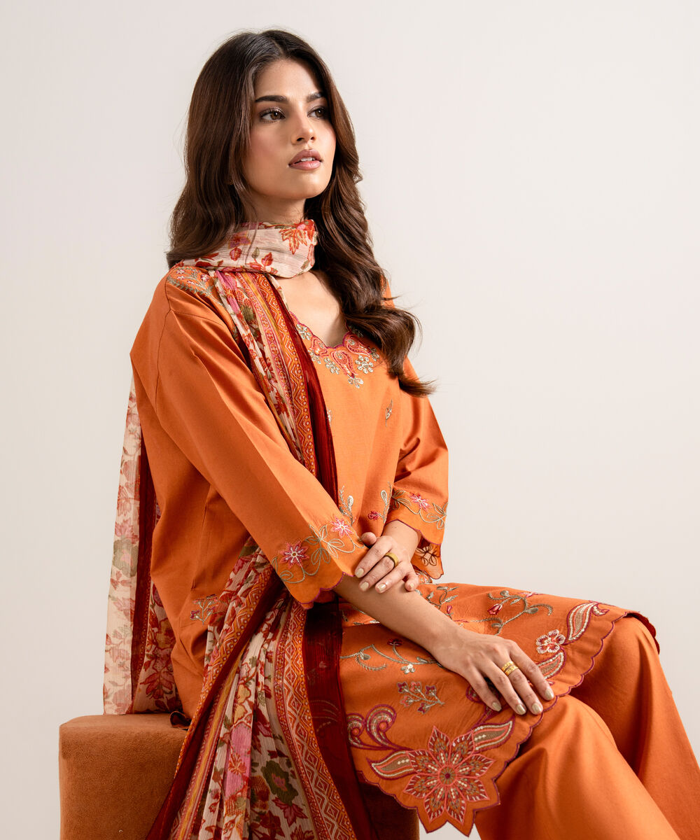 Women's Unstitched Embroidered Textured Lawn Orange 3 Piece Suit