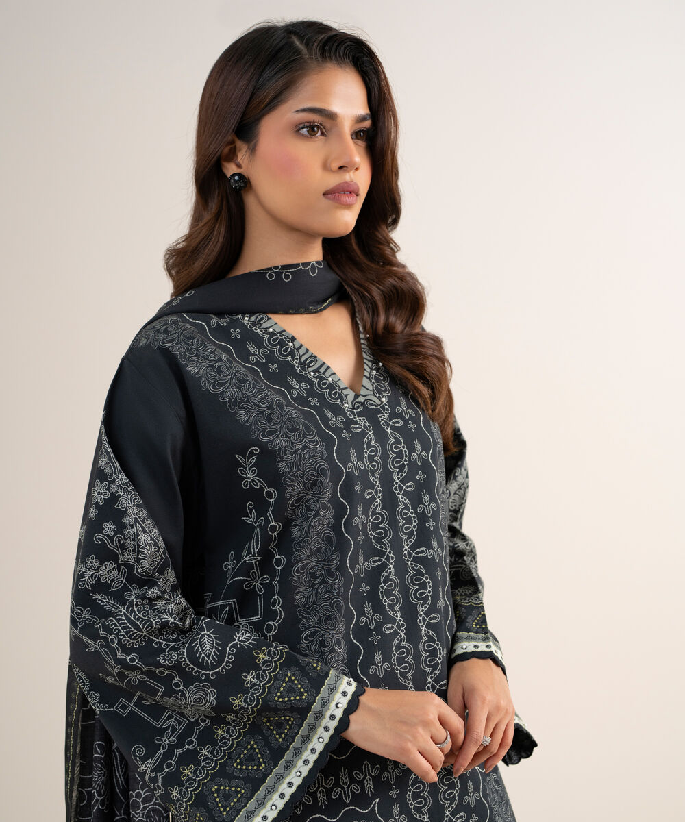 Women's Unstitched Lawn Printed Black 3 Piece Suit