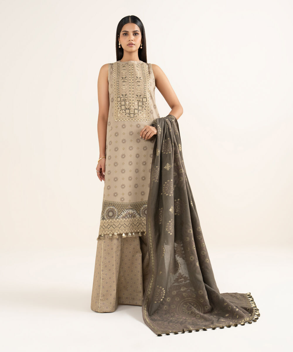 Women's Unstitched Fine Cotton Satin Embroidered Beige  3 Piece Suit