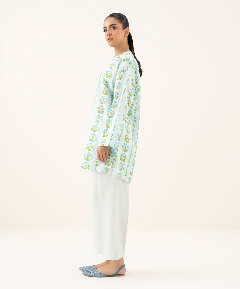 Women's RTW Cambric Printed Ice Blue Drop Shoulder Shirt