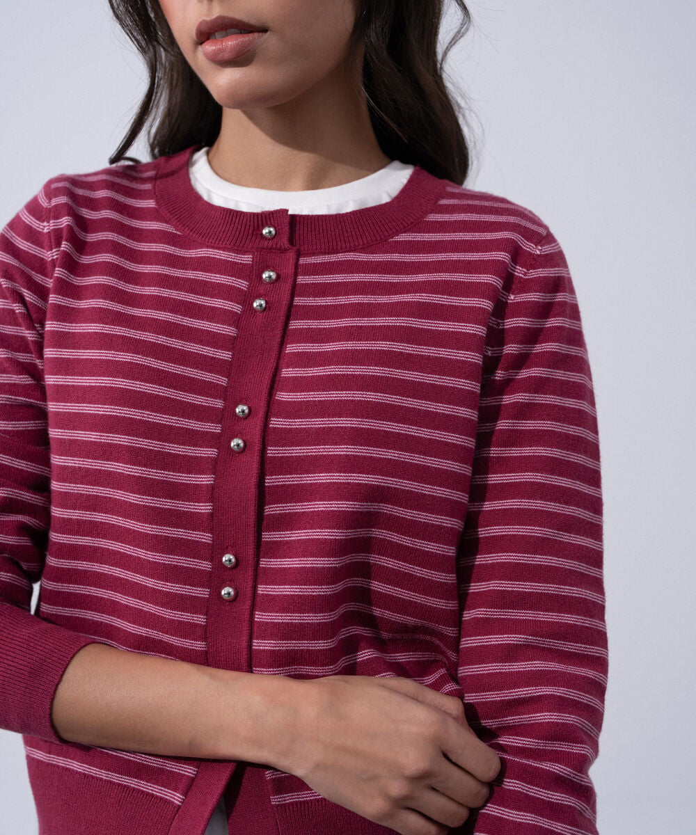 Women's Western Wear Pink And Red Round Neck Knit Cardigan