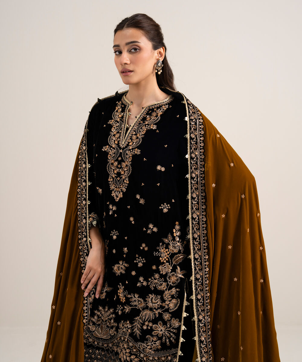 Women's Unstitched Embroidered Velvet Black 3 Piece Suit
