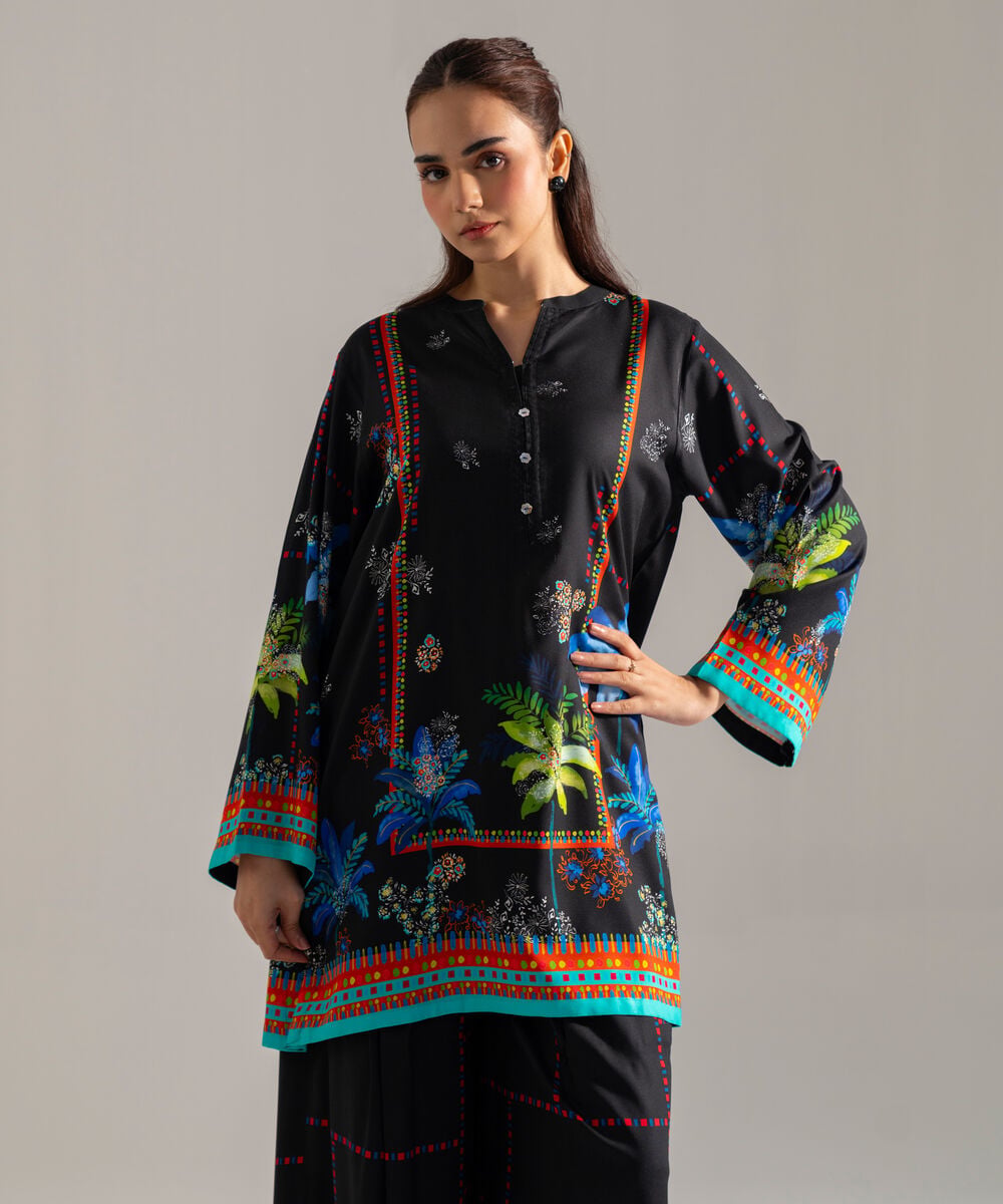Women's RTW Printed Black Viscose Linen 2 Piece Suit