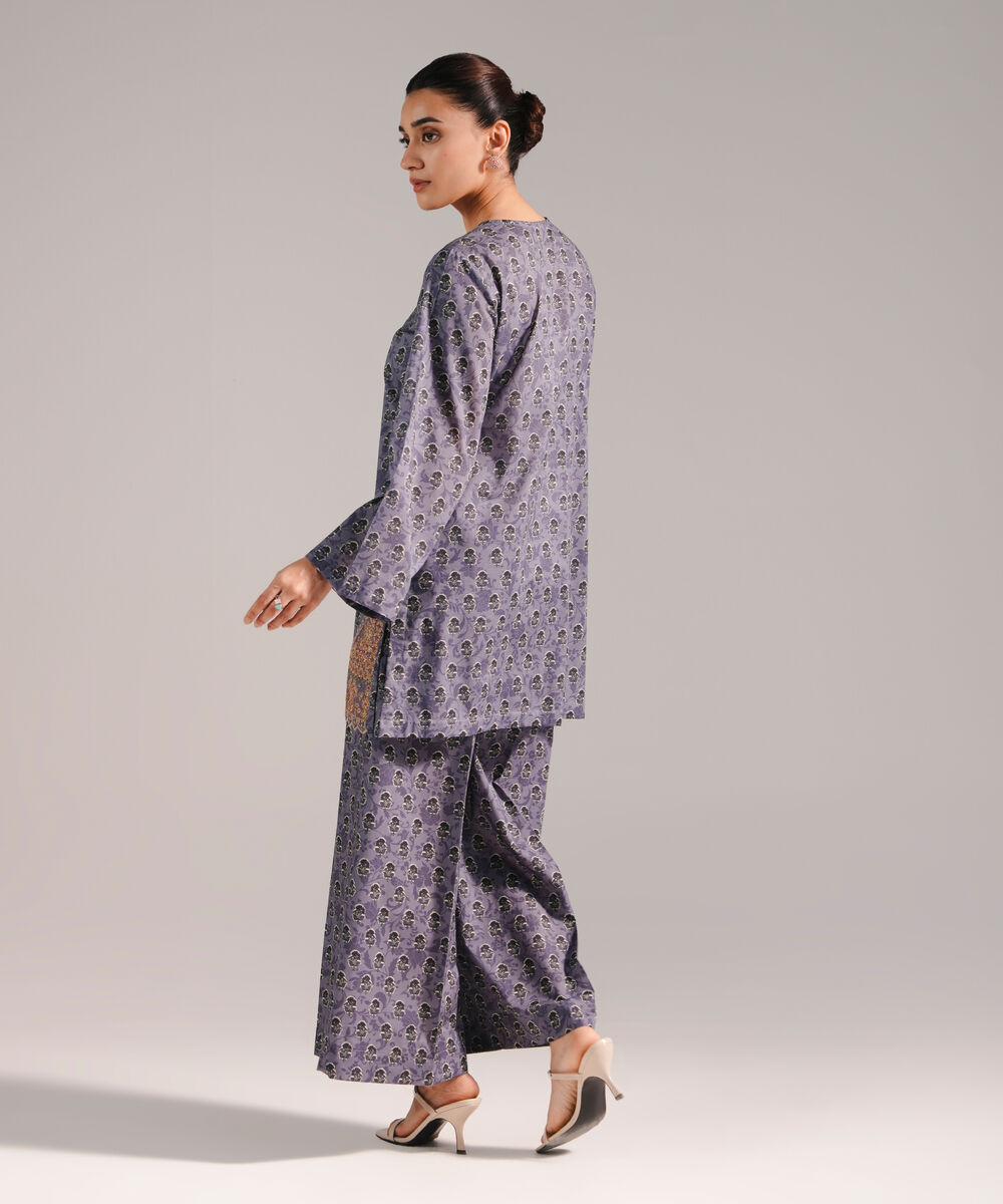 Women's RTW Slub Lawn Embroidered Slate Blue Straight Shirt