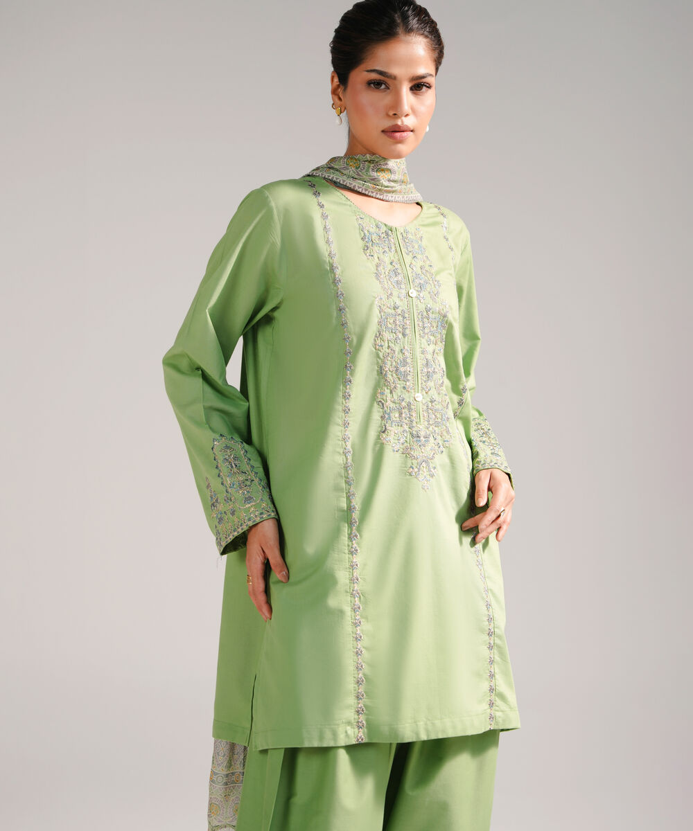 Women's RTW Slub Lawn Embroidered Green 3 Piece Suit