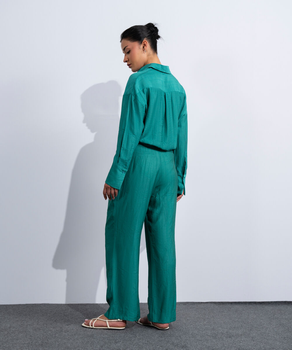 Women's Western Teal Green Textured Pleated Trousers