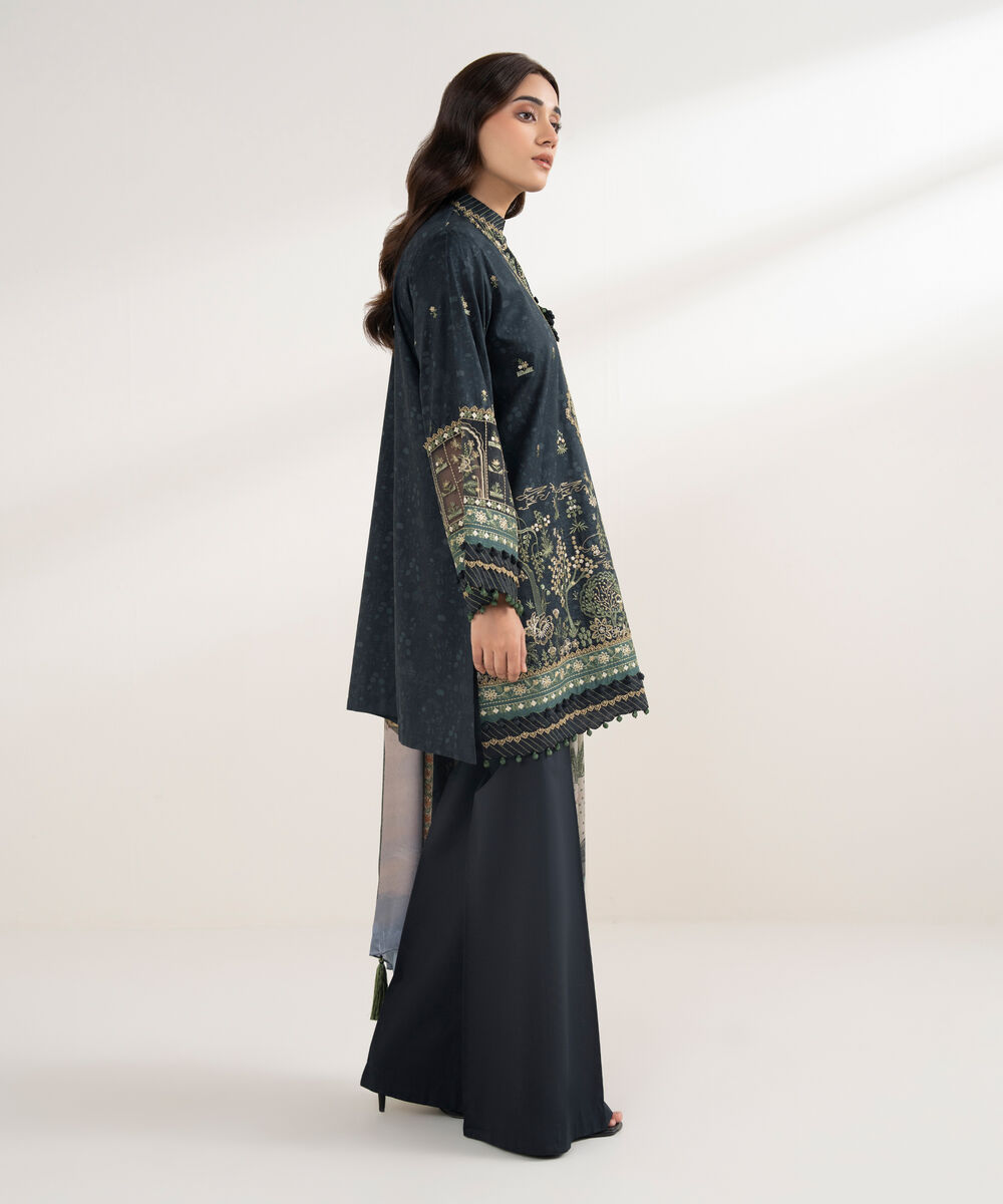 Women's Unstitched Cotton Embroidered Black 3 Piece Suit