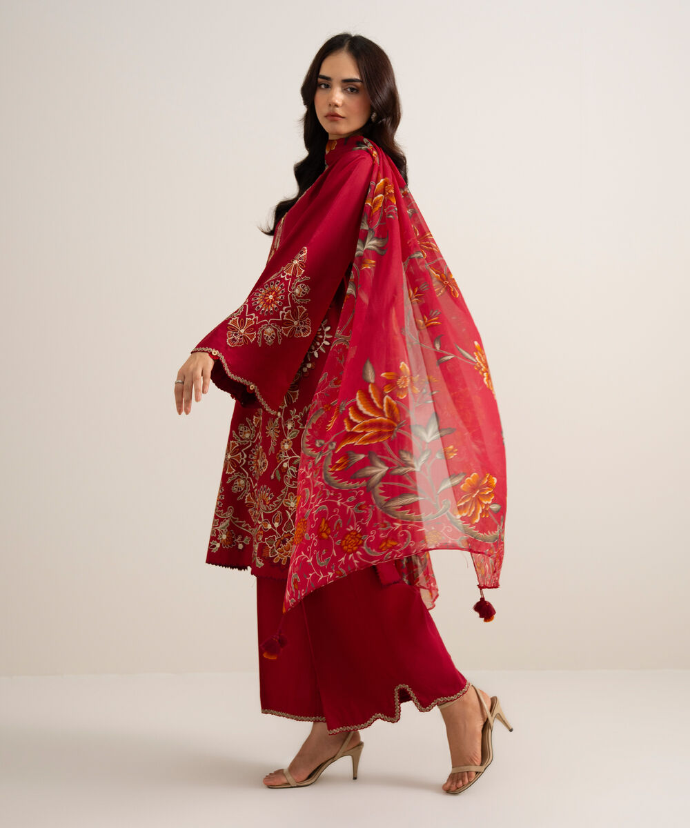 Women's Unstitched Embroidered Cotton Viscose Red 3 Piece Suit
