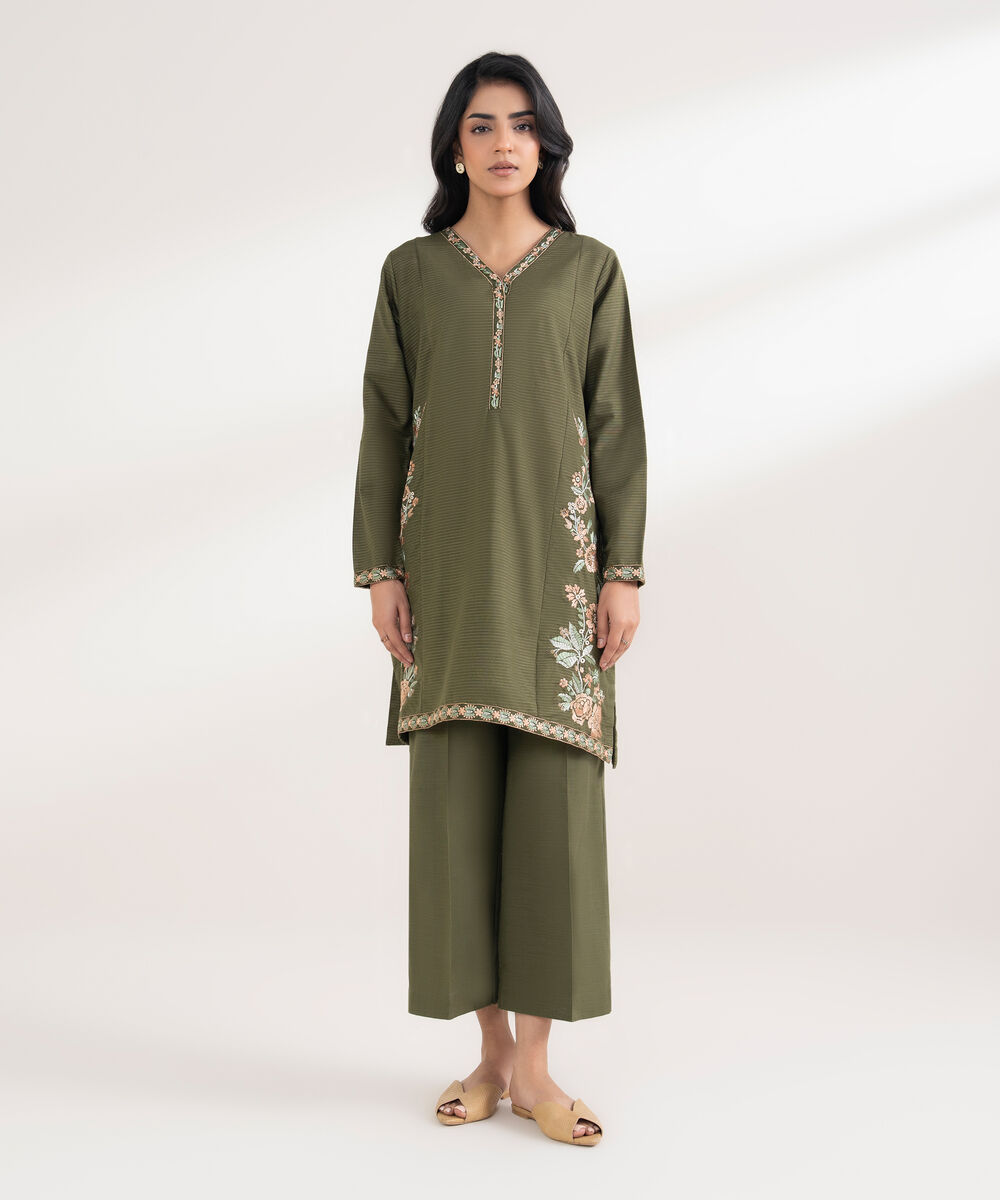 Women's RTW Zari Khaddar Embroidered Green Straight Shirt