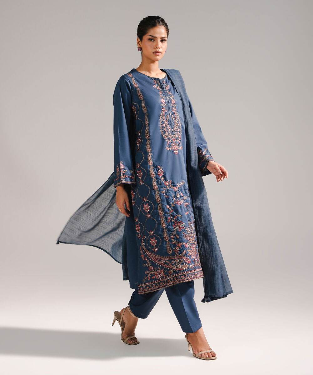 Women's RTW Lawn Embroidered Dark Blue 3 Piece Suit