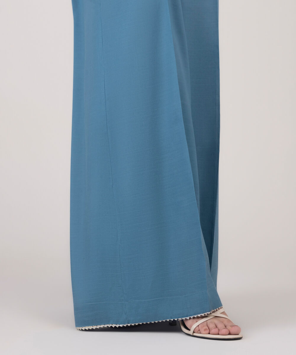 Women's RTW Viscose Raw Silk Solid Blue Flared Pants
