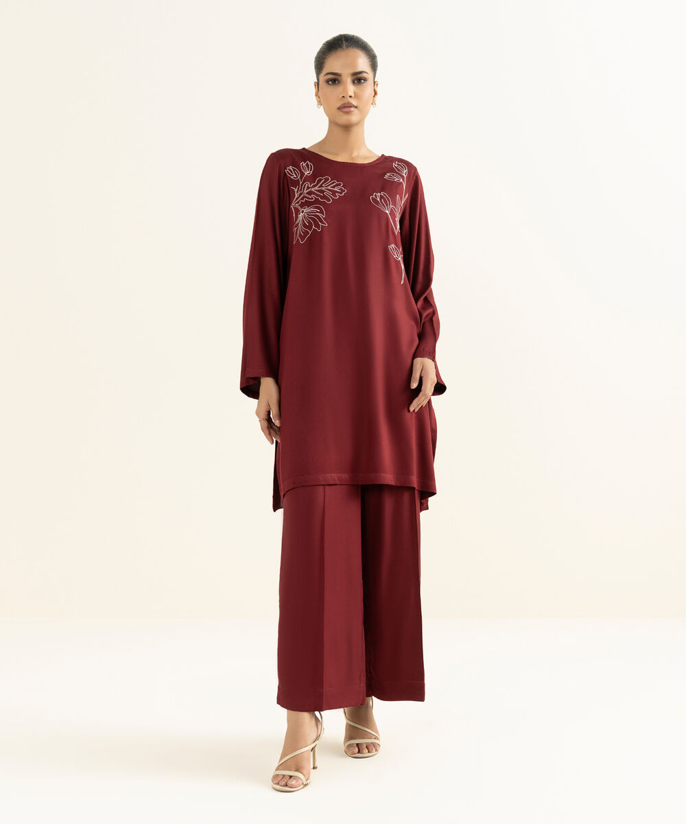 Women's RTW Bedford  Embroidered Maroon Straight Shirt