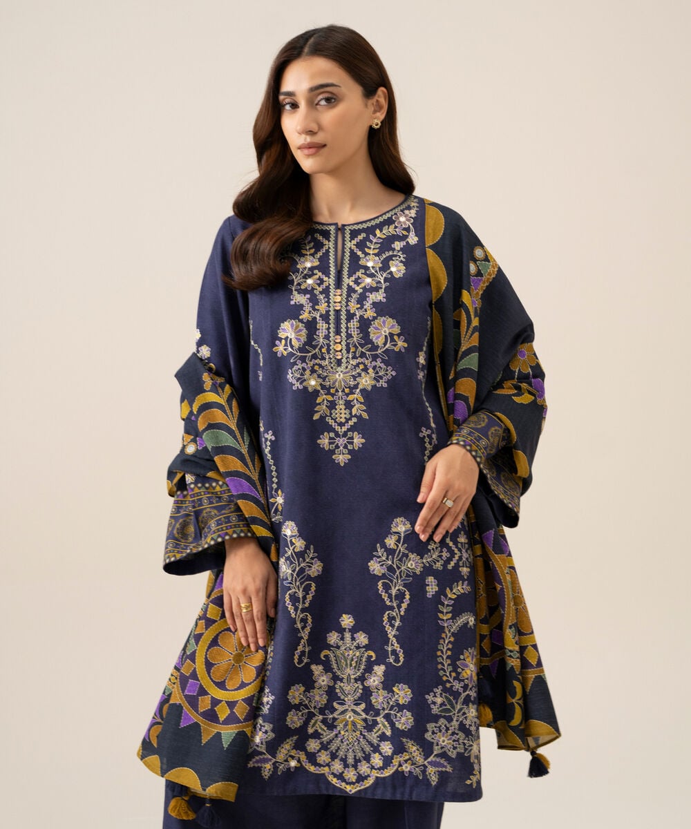 Women's Unstitched Light Khaddar Embroidered Blue 3 Piece Suit
